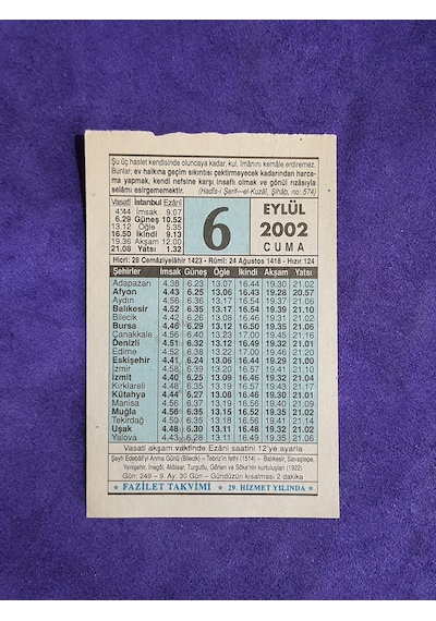 6 Eylül 2002 Takvim Yaprağı - Nostalji Koleksiyonluk Takvim Yaprağı