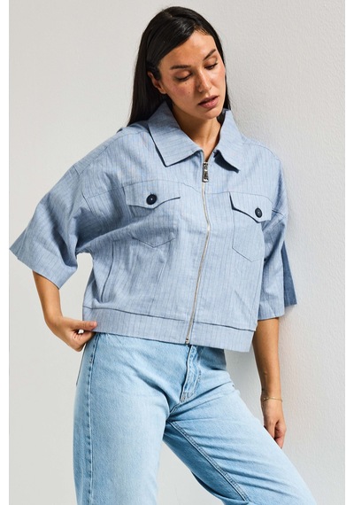 Kadın Mavi Renk Oversize Cep Detaylı Özel Tasarım Denim Ceket