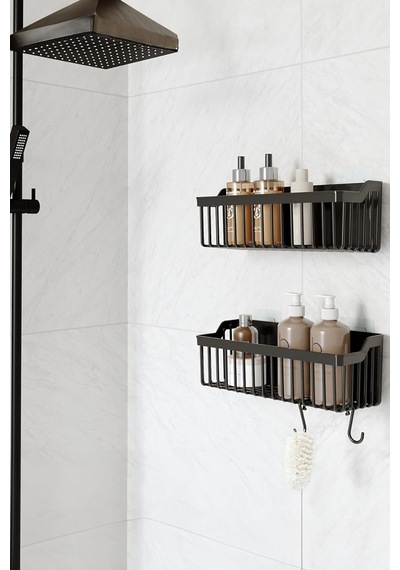 Banyo Rafı 2'li Banyo Düzenleyici Duş Rafı Kanca Askılı Organizer Şampuanlık Plastik Siyah