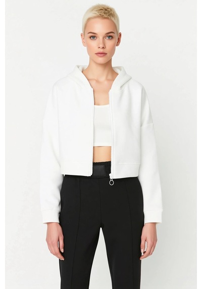 Benerly Kadın Kapüşonlu Fermuarlı Düşük Kol Örme Sweatshirt Fonksiyonel D Ekru