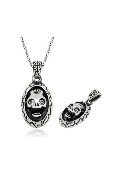 925 Ayar Oksit Kaplama Gümüş Kuru Kafa Skull Erkek Kolye Renkli