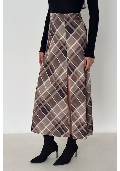 Kadın Yırtmaç Detaylı Ekose Uzun Etek Slit Plaid Kahverengi