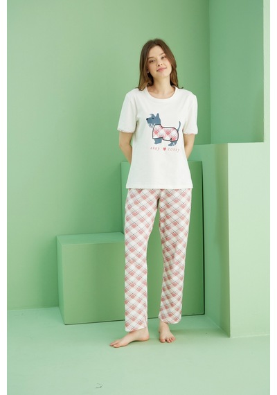 Siyah İnci Pamuklu Bisiklet Yaka Örme Pijama Takım25117086 Ekru