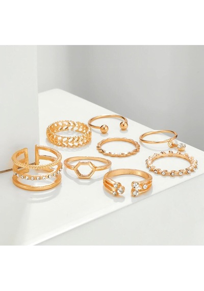 Girift Vintage Bohem Stili Gold 8 Adet Taşlı Eklem Ve Yüzük Seti Altın