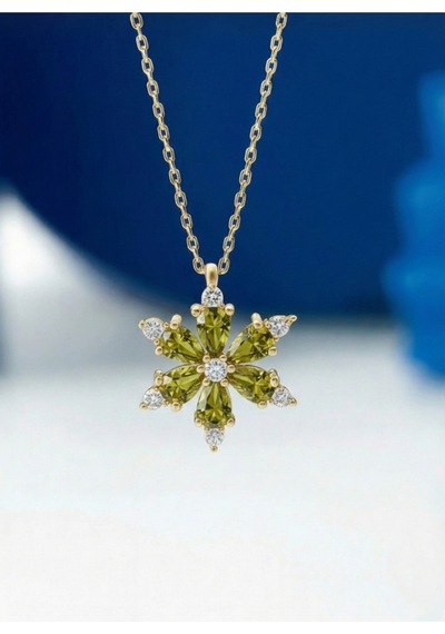 Çekirdekjewelry 925 Ayar Gümüş Zeytinyağı Taşlı Kamelya Çiçeği Kolye Sarı Zeytinyağı