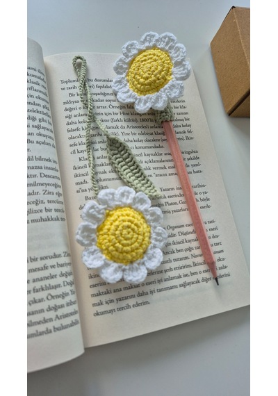 Papatya Amigurumi Set Kitap Ayracı Kalem Süsü Kalem Başlığı Hediyelik