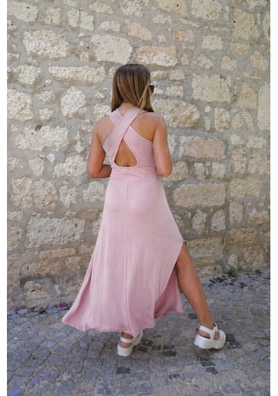 Buğrahayalin Kadın Arkadan Çapraz Detay Yuvarlak Yaka Maksi Viskon Elbise Pembe Buğrahayalin Kadın Arkadan Çapraz Detay Yuvarlak Yaka Maksi Viskon Elbise Pembe