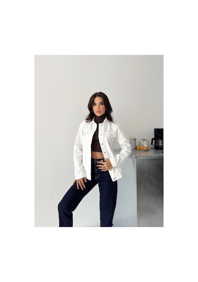 Kene Jeans Keten Beyaz Boyfriend Tam Kalıp Düğmeli Ceket Beyaz