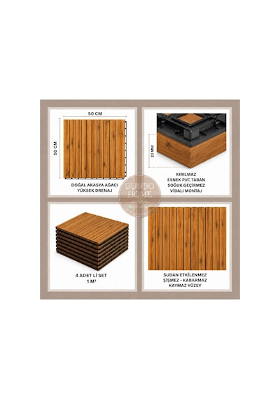 Sand 50x50 Akasya Ahşap Deck Yer Döşemesi - Islak Zemin Uyumlu Geçmeli Bahçe Balkon Teras Duş Karosu