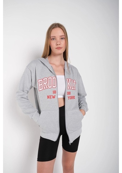 Tarzsokak Kadın Gri Brooklyn Baskılı Oversize Hırka Brooklynhırka