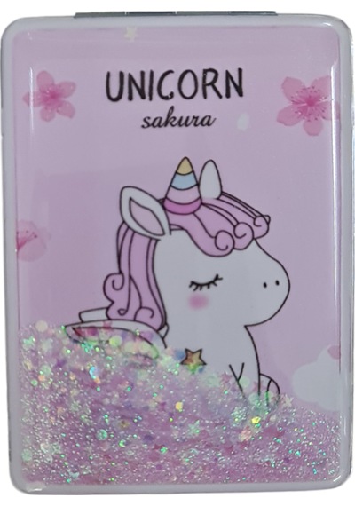 Gigi Panda Açık Pembe Pullu Unicorn Sakura Yazılı Katlanır Dikdörtgen Makyaj Aynası