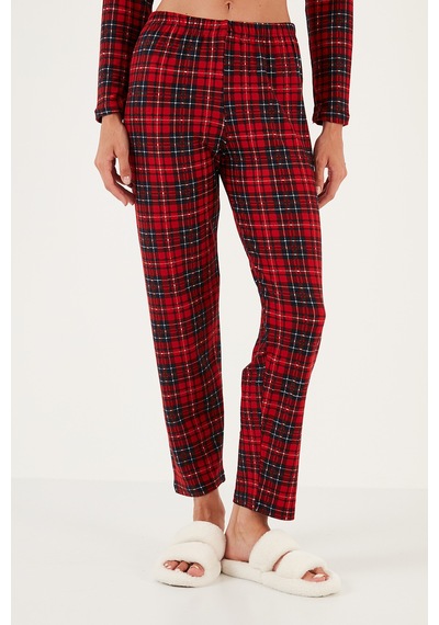 Lela Desenli Beli Lastikli Gömlek Yaka Dokuma Bayan Pijama Takımı 6095660W4 Kırmızı-Lacivert