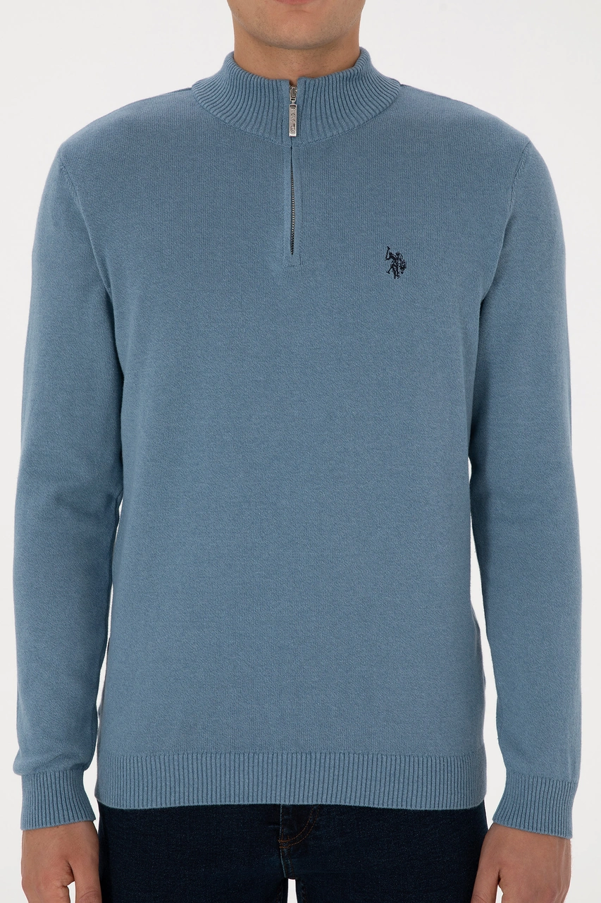 U.S. Polo Assn. Erkek Slim Fit Yarım Fermuarlı Mavi Basic Kazak 50313695-VR251