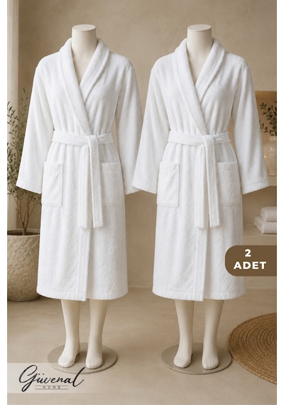 Blanc 2 Adet Pamuklu Unisex Bornoz Otel Bornozu Erkek Havlu Bornoz Kadın Havlu Bornoz Sauna Bornoz Sabahlık 2'li Beyaz