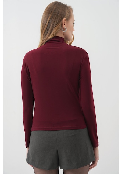 Hiccup Bdart Drape Detaylı Vücuda Oturan Dik Yaka Bluz Bordo Kırmızı