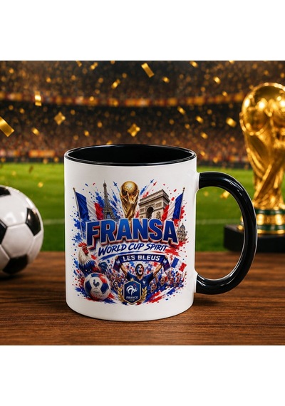 Bk Gift Fransa Taraftar Temalı Dünya Futbol Kupası Tasarımlı Siyah Kupa Bardak Beyaz