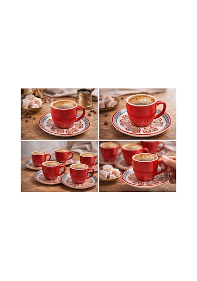 6 Kişilik Türk Kahvesi Fincanı Takımı,12 Parça,90 Ml Seramik Set,mikrodalga/bulaşık Makinesine Uygun Kırmızı
