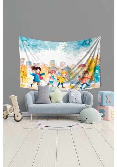 Renkli Çocuklar Desenli Duvar Halısı Duvar Örtüsü Çocuk Odası Tapestry Süet Dokulu Kumaş