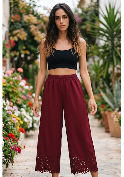 Soulshae Kadın Krep Beli Lastikli Çiçek Desenli Lazer Kesim Pantolon Bordo Soulshae Kadın Krep Beli Lastikli Çiçek Desenli Lazer Kesim Pantolon Bordo