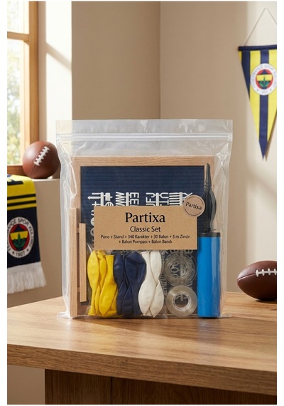 Sarı Lacivert Taraftar Süsleme Classic Set Siyah Keçe Yazı Panosu Standlı Balon Zincirli El Pompası Taraftar Seti 10 - 12 Yaş