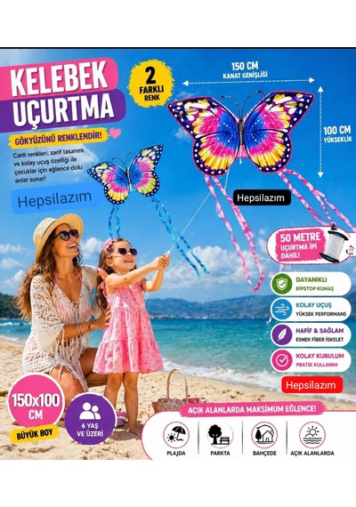 Uçurtma Kelebek Desenli Büyük 150x100cm Uçan Dış Mekan Bahçe Piknik Kız Çocuk Oyuncağı