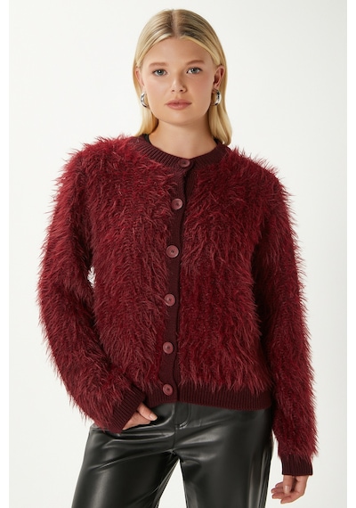 Ritnice Kadın Rush Yumuşak Sakallı Bordo Bisiklet Yaka Triko Hırka Ws-07226 Bordo