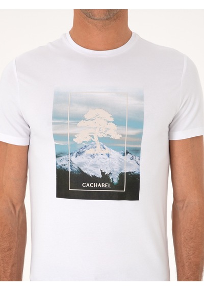 Beyaz Slim Fit Bisiklet Yaka Pamuk Karışımlı T-shirt