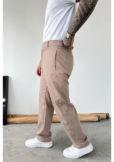 Bej Premium Dokulu Baggy Kumaş Pantolon