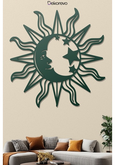Mistik Kozmos Güneş Ve Ay Metal Duvar Dekoru - Metal Duvar Sanatı - Yosun Yeşili - 75 X 75 Cm Yeşil