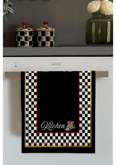 Siyah Dama Desen Fırın Mutfak Havlusu 30x50cm Açık Bej