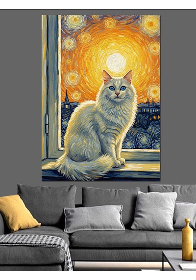 Van Gogh Stili Pencereden Bakan Beyaz Kedi Dekoratif Kanvas - Mdf Ahşap Tablo