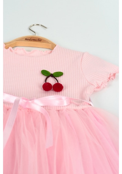 Noble Kids Kız Çocuk Kiraz Aplikeli Tül Etek Elbise Pembe