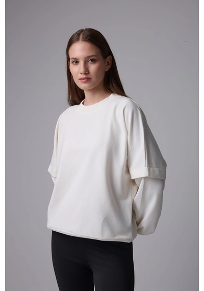 Defys Kadın Bisiklet Yaka Kol Detaylı Oversize Fit Basic Sweatshirt Ekru - 598314741 Ekru