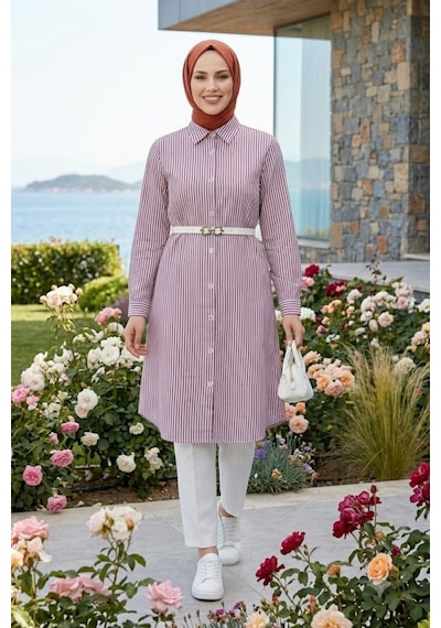 Hb Harma Time Butik Kadın Çizgi Desenli Kemerli Keten Mor Gömlek Mor Mor