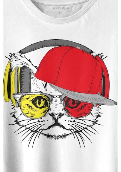 Cat Glasses Gözlüklü Sarı Kırmızı Kedi Baskılı Tişört Unisex T-shirt 001