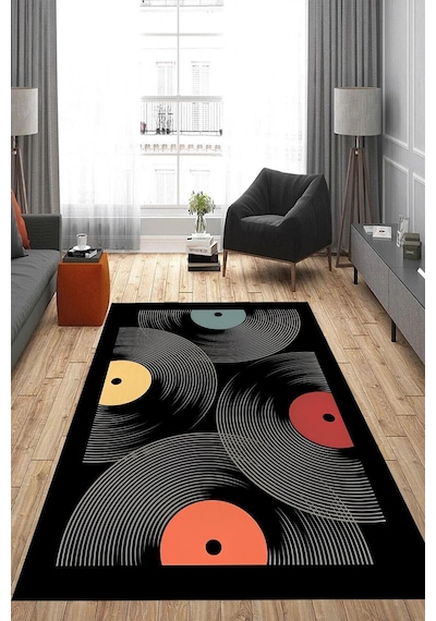 Dijital Baskılı Yıkanabilir Müzik Plak Desen Kaymaz Taban Halı Açık Gri