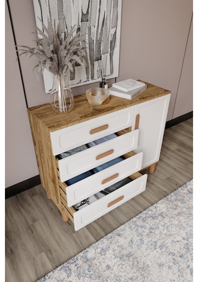 Flora Bohem Serisi 4 Çekmeceli 1 Kapaklı Şifonyer Modern Tasarım Mdf Mebran Kapak Aytaşı Ceviz 95x90 Ceviz - Ekru Flora Bohem Serisi 4 Çekmeceli 1 Kapaklı Şifonyer Modern Tasarım Mdf Mebran Kapak Aytaşı Ceviz 95x90 Ceviz - Ekru