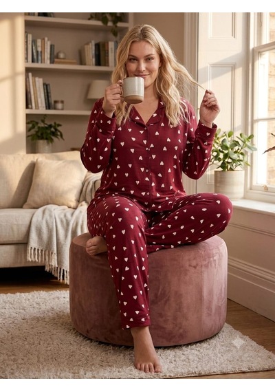 Büyük Beden Uzun Kollu Boydan Düğmeli Milan Pijama Takımı 8617 Bordo