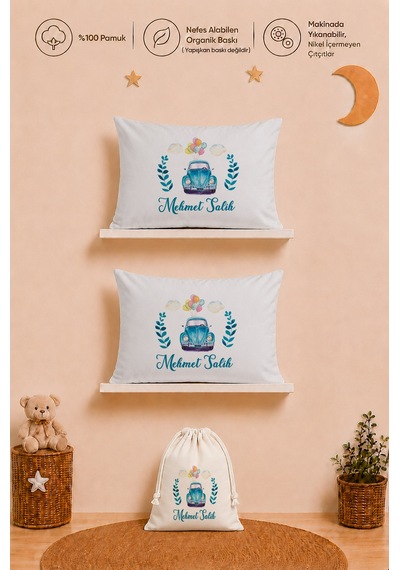 Erkek Bebek İsme Özel Hediye Seti 2 Adet %100 Pamuk 35x45 Yastık Kılıfı Ve Ham Bez Kıyafet Kesesi 2078y2kyx
