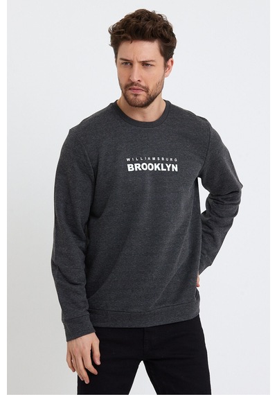 Süperlife Erkek Bisiklet Yaka Regular Fit Brooklyn Baskılı İnce Sweatshirt Spr23sw330 Antrasit