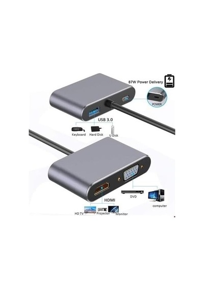 Cf02 Macbook Uyumlu Type-c To 4k Ultra Hd 1080p Hdmı/vga/pd Şarj/usb 3.0 4ın1 Çevirici Hub Adaptör