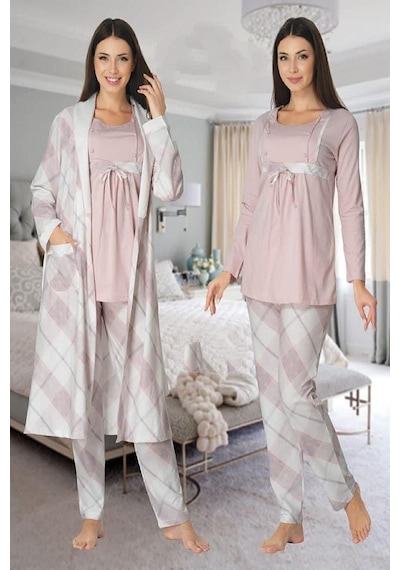 Effort Pijama Dvina Effortt Lohusa Sabahlıklı Pijama Takımı Pembe - 8084 Pembe