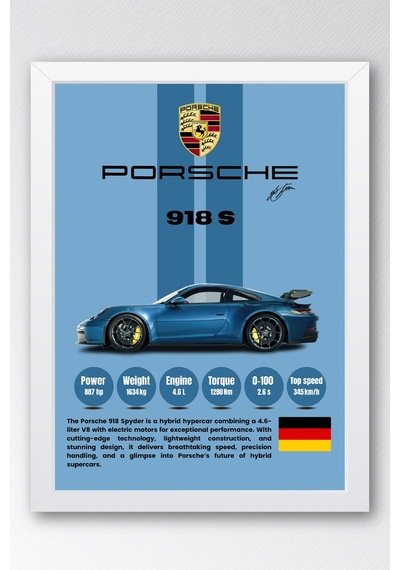 Porsche 918 Spyder Premium Hiper Araba Tablosu - Teknik Özellikli Hibrit Duvar Dekoru Beyaz