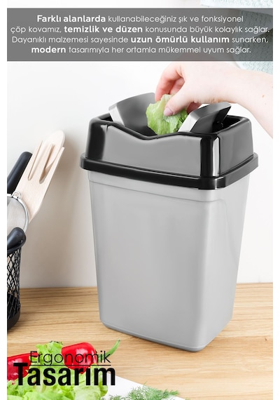 Çift Kapaklı Kelebek Çöp Kovası - Tezgah Üstü Çöp Kovası Banyo Mutfak Çöp Kovası 5 Litre Gri