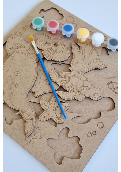 Çocuklar İçin Zeka Ve Beceri Geliştiren Su Canlıları Ahşap Boyama Puzzle Seti