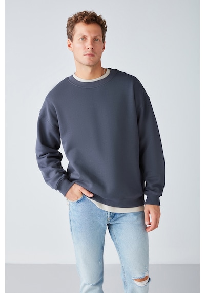Grimelange Stephan Erkek Yumuşacık Kumaşlı Organik Pamuklu Oversize Fit Yuvarlak Yakalı Antrasit Sweatshirt