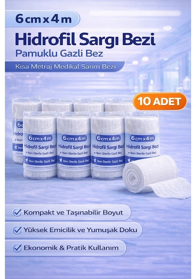 6 Cm X 4 M Hidrofil Sargı Bezi Pamuklu Gazlı Bez Kısa Metraj Medikal Sarım Bezi 10 Adet