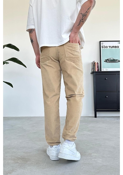 Krem Kadife Fitilli Regular Pantolon Krem