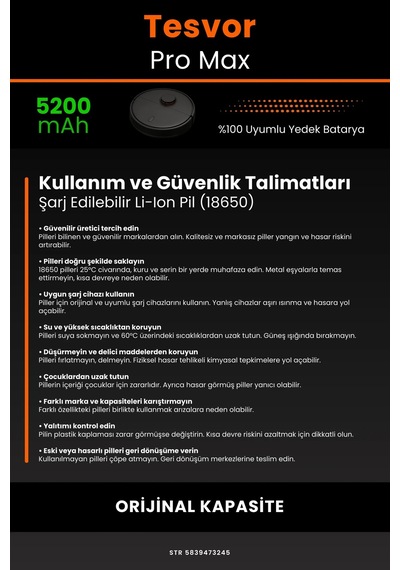Tesvor Pro Max 5200mah Robot Süpürge Bataryası