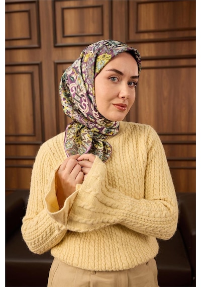 Silk Home Twill İpek Eşarp Mürdüm-butter Yellow Desenli Tok Duruşlu 90x90 Çok Renkli